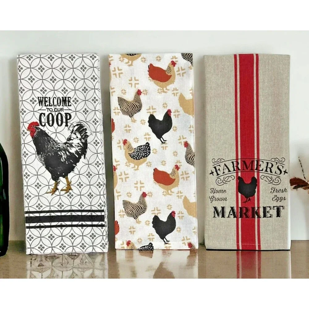 Serafina Home 3 Country Rooster Kitchen Dish Towels Farmhouse Chicken Coop Gift